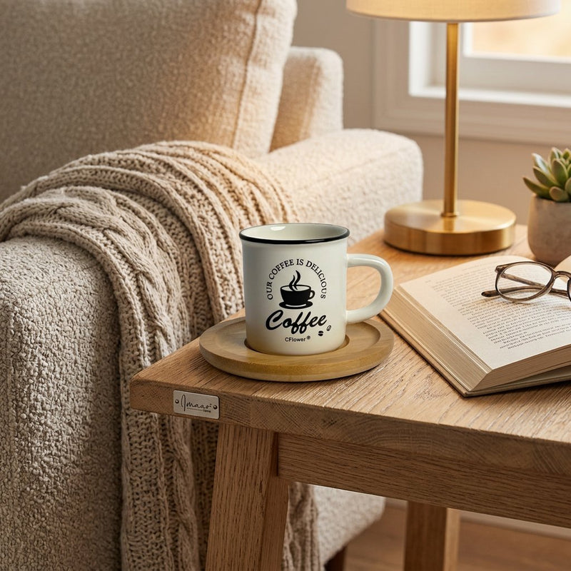 Retro Ceramic Coffee Mug Set with Wooden Coaster Saucer