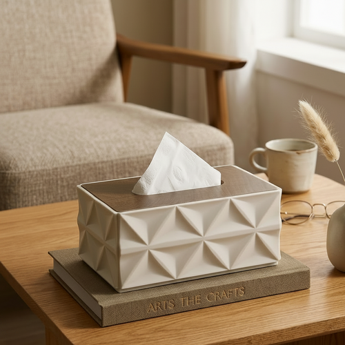 Beige geometric tissue box on a wooden table with a cup, vase, and book in a cozy room.