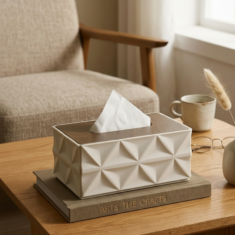 Beige geometric tissue box on a wooden table with a cup, vase, and book in a cozy room.