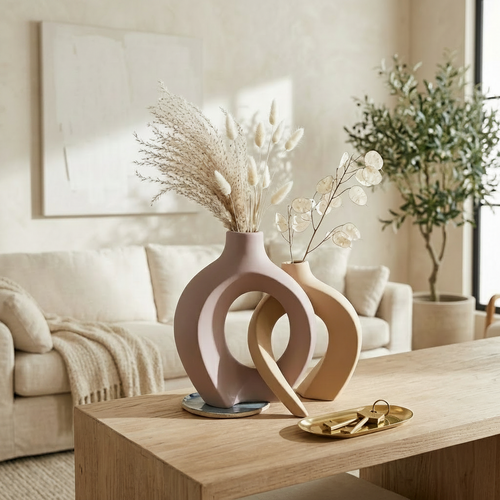 Modern Interlocking Abstract Ceramic Vase Set of 2