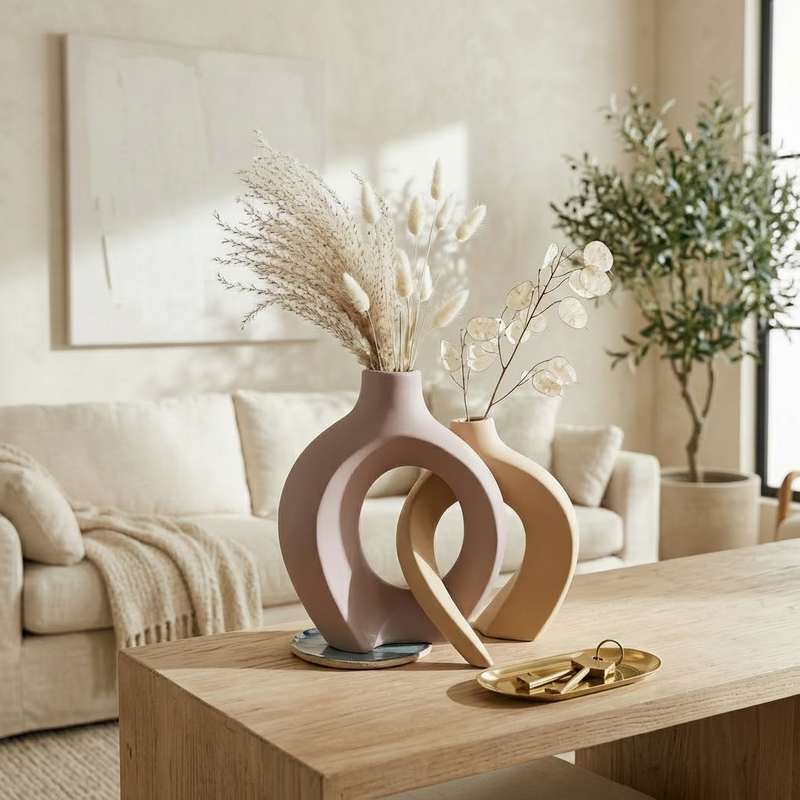 Modern Interlocking Abstract Ceramic Vase Set of 2