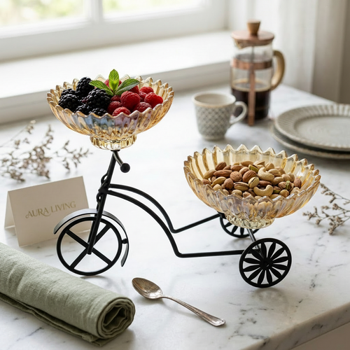 Bicycle Dual Amber Glass Serving Bowls with Stand