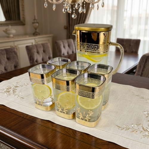 Royal Gold Greek Key Glass Water Pitcher & Tumbler Set of 7