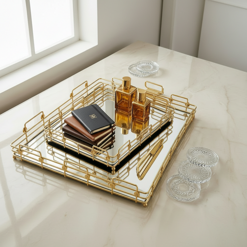 Imperial Gold Vanity Trays with Mirrored Bases Set of 2