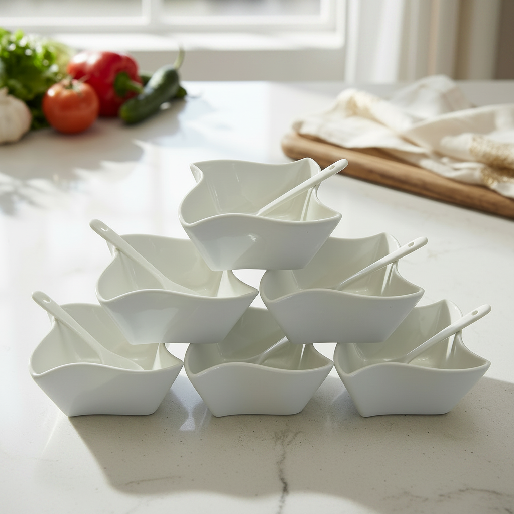 Elegant Wave Cut Serving Bowls with Spoons Set of 6