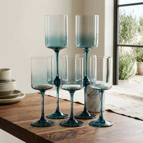Minimalist Teal Blue Stemmed Wine Glasses Set of 6