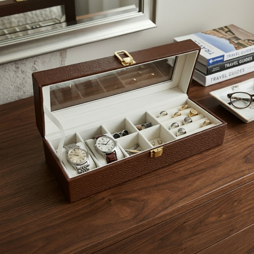 6 Slot Classic Brown Watch Box with Display Window
