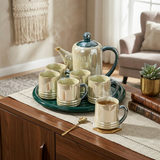Luxury Green & Peral Ceramic Tea Set with Tray 8 Piece