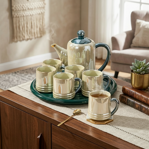 Luxury Green & Peral Ceramic Tea Set with Tray 8 Piece