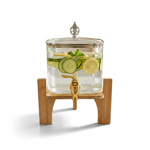 Amber Glass Beverage Dispenser with Wood Stand