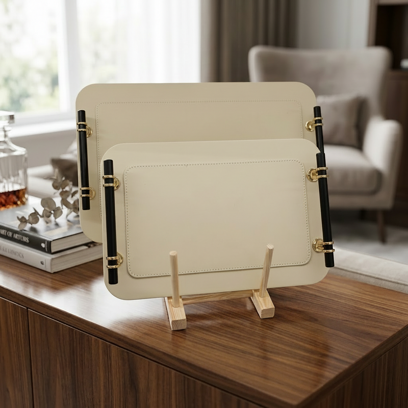 Luxury Faux Leather Serving Tray Set with Black Handles