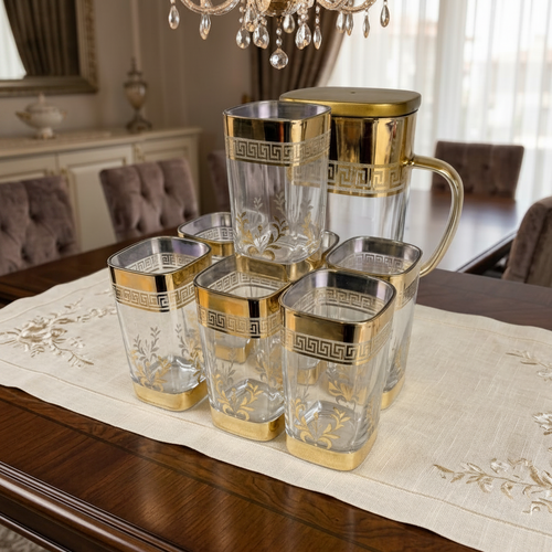 Royal Gold Greek Key Glass Water Pitcher & Tumbler Set of 7