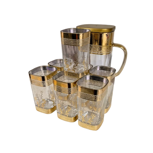 Royal Gold Greek Key Glass Water Pitcher & Tumbler Set of 7