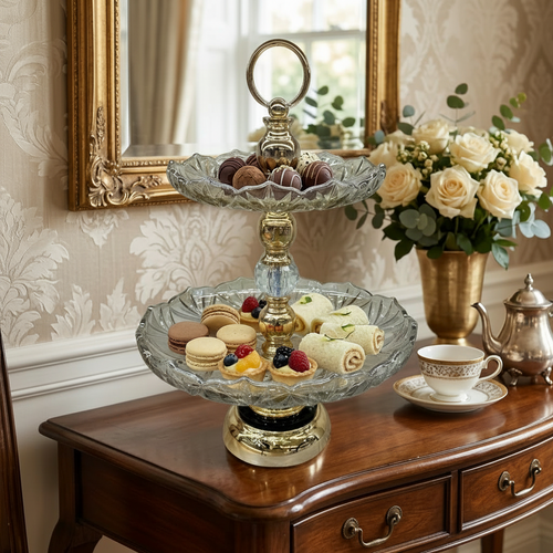 Elegant Crystal & Gold 2 Tier Dessert Stand