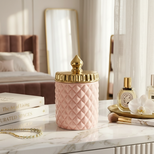 Elegant Diamond Pattern Ceramic Jar with Gold Lid