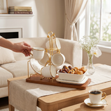 Elegant White & Gold Ceramic Tea Set with Wooden Stand