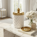 Elegant Diamond Pattern Ceramic Jar with Gold Lid