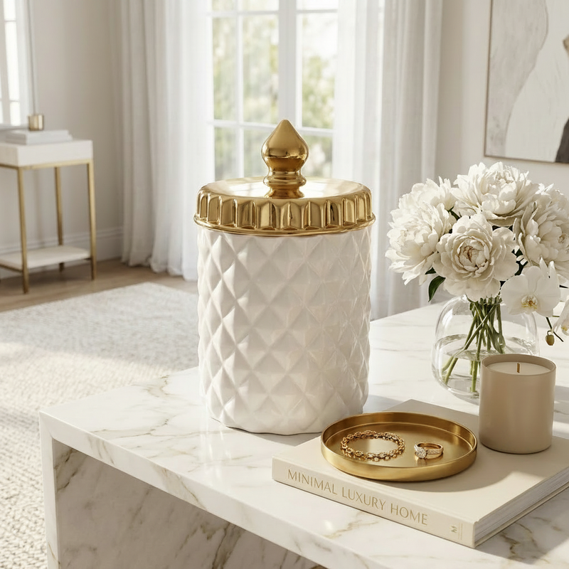 Elegant Diamond Pattern Ceramic Jar with Gold Lid