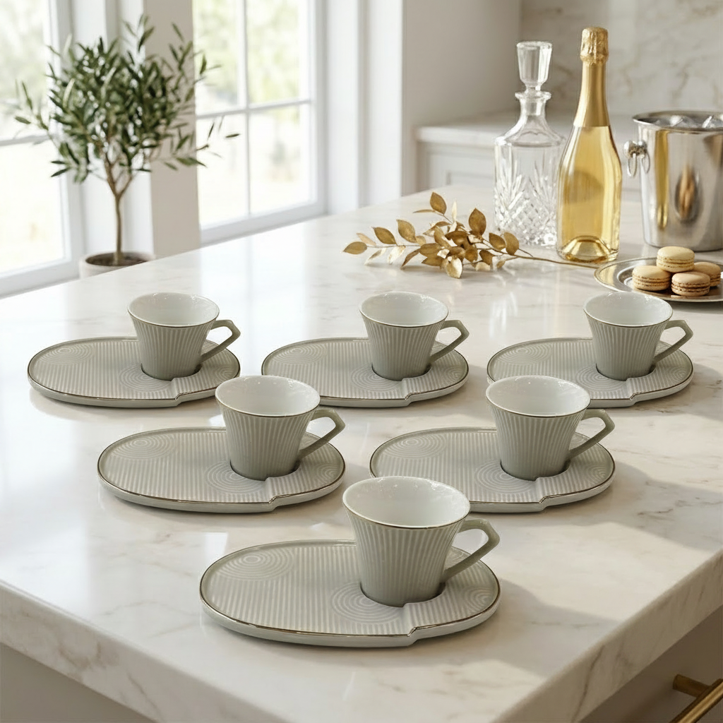 Imperial Ceramic Cup & Elongated Saucer Set of 6
