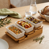 Elegant Triple Ceramic Platter with Bamboo Stand