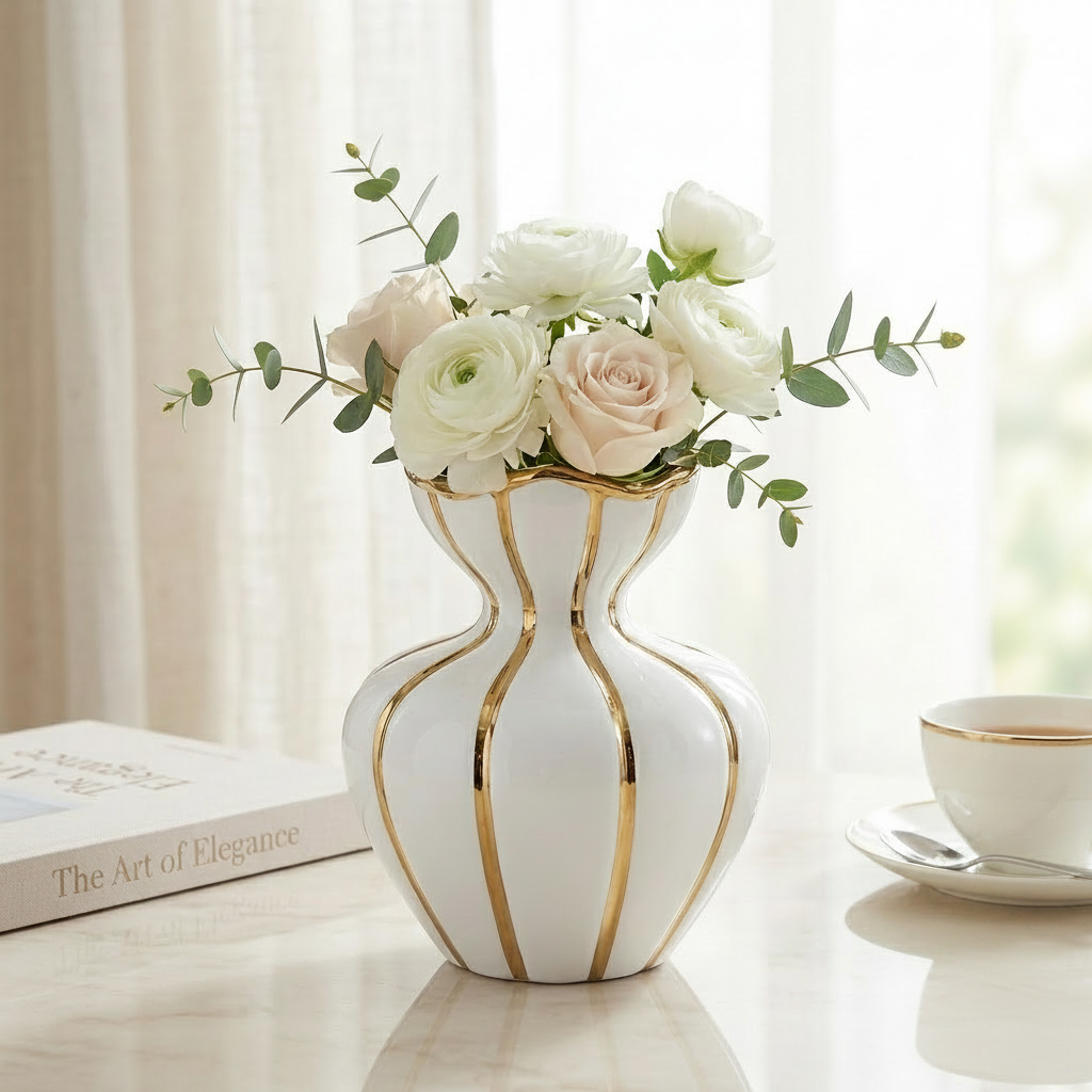 Luxury White & Gold Ceramic Decorative Vase