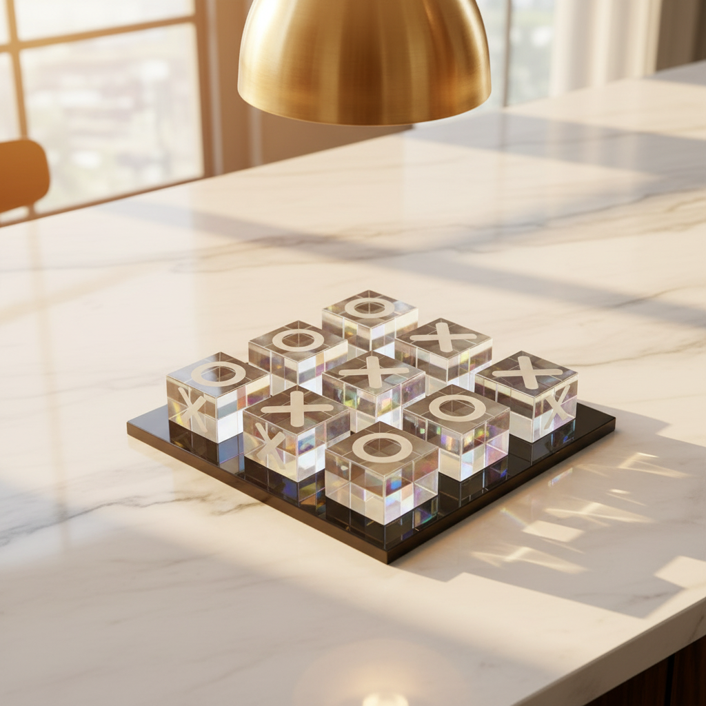 Crystal tic-tac-toe game on a dark surface with decorative items in the background