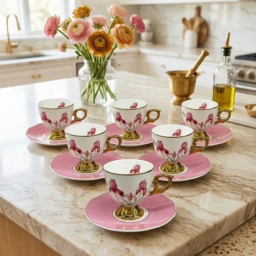 Royal Pink Floral Tea Cup & Saucer Set of 6