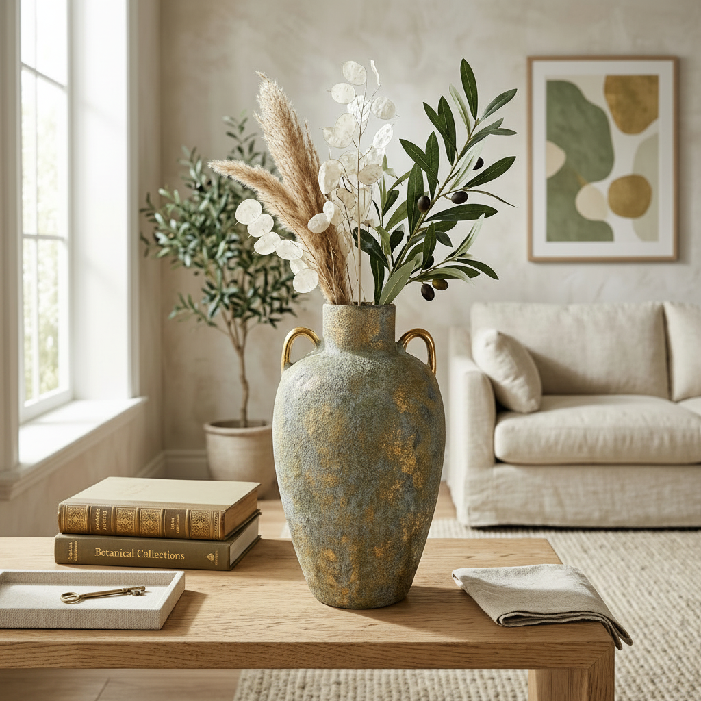 Antique Ceramic Urn Vase with Gold Handles