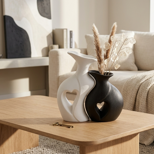 Elegant Textured Black & White Heart Vase Set of 2