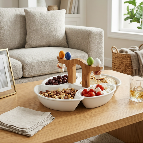 Multi-Compartment Serving Platter with Bamboo Handle & Skewers