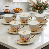Dual Design Fine Ceramic Cup & Saucer Set of 6