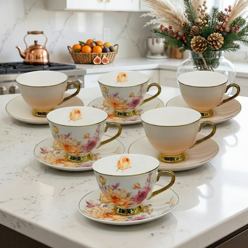 Dual Design Fine Ceramic Cup & Saucer Set of 6