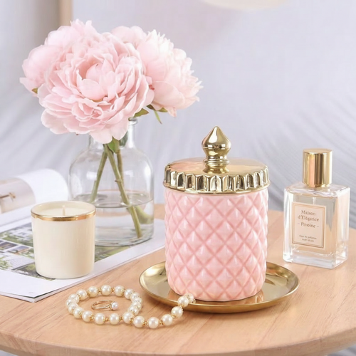 Elegant Diamond Pattern Ceramic Jar with Gold Lid
