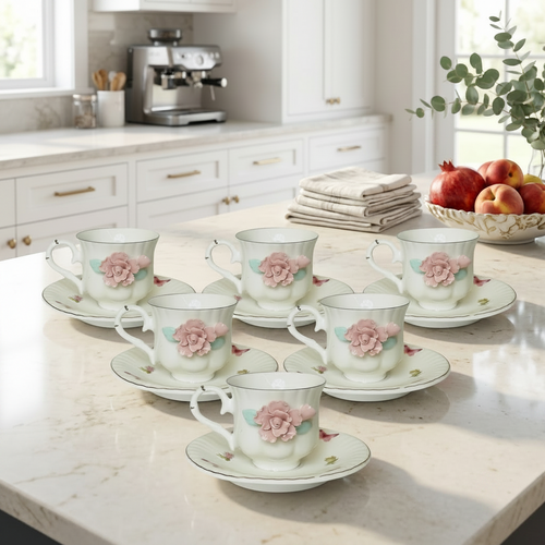 Vintage Rose Embossed Cup & Saucer Set 12 Piece
