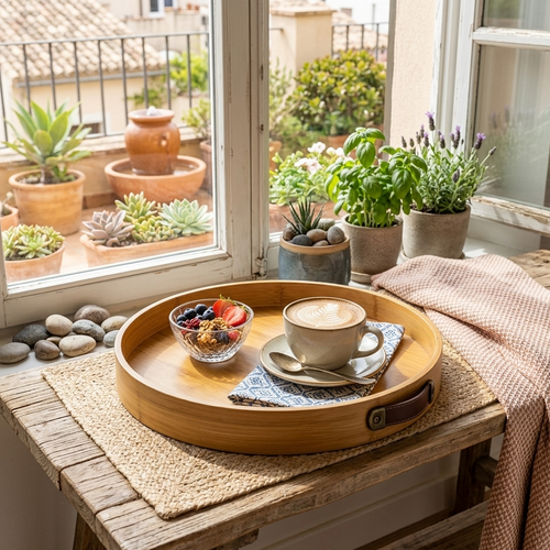 Elegant Round Bamboo Serving Tray with Handles
