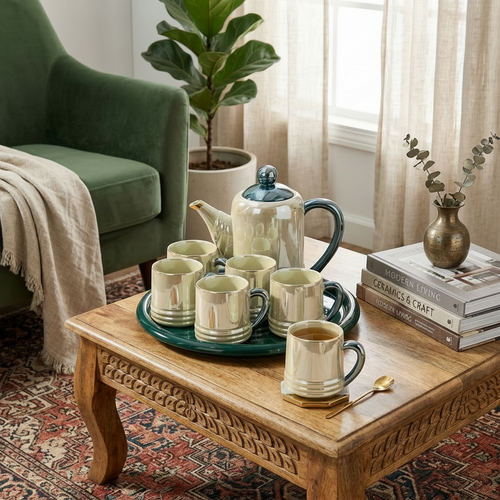 Luxury Green & Peral Ceramic Tea Set with Tray 8 Piece