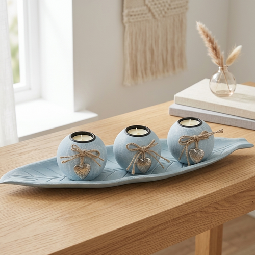 Sky Blue Candle Holder With Leaf Tray