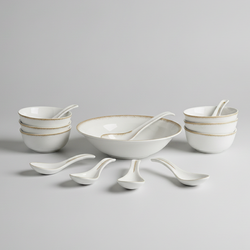Gold-Rimmed Soup Set with Serving Spoons