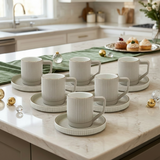 Nordic Textured Cup & Circular Grooved Saucer Set of 6
