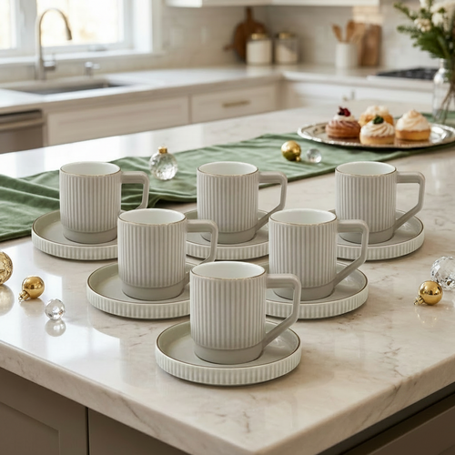 Nordic Textured Cup & Circular Grooved Saucer Set of 6