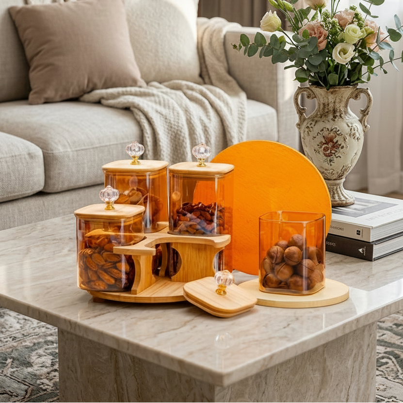 4 Piece Amber Glass Jar Set with Revolving Bamboo Tray
