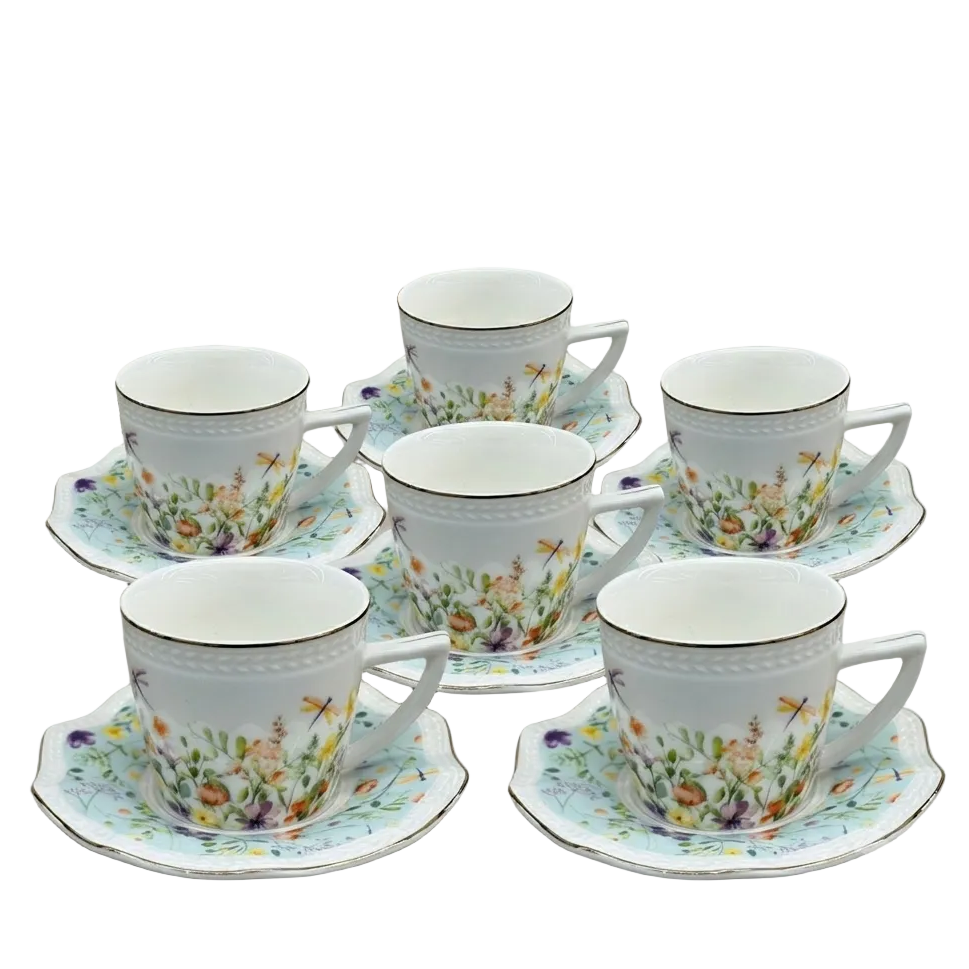 Elegant Flower & Dragonfly Teacup with Saucer Set of 6