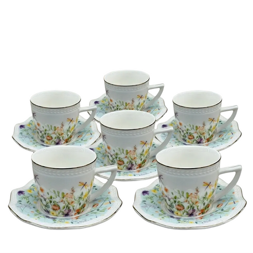 Elegant Flower & Dragonfly Teacup with Saucer Set of 6