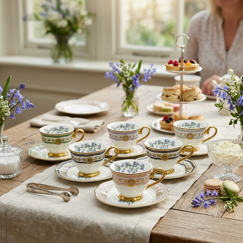 Elegant Bluebell Pastel & Gold Fine Cup & Saucer Set of 6