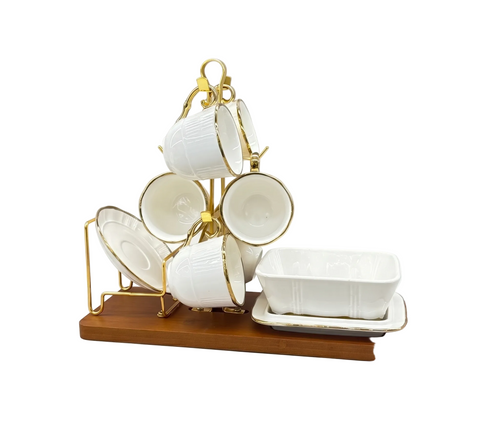 Elegant White & Gold Ceramic Tea Set with Wooden Stand