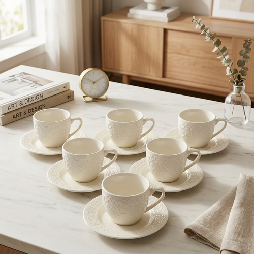 Heritage Tea Cup & Saucer with Wooden Stand Set of 6
