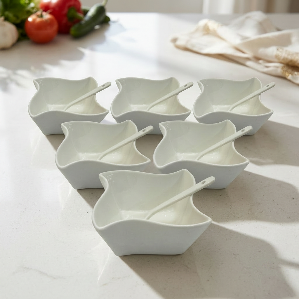 Elegant Wave Cut Serving Bowls with Spoons Set of 6