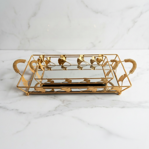 Golden Ginkgo Leaf Mirrored Vanity & Serving Tray Set (Set of 2)