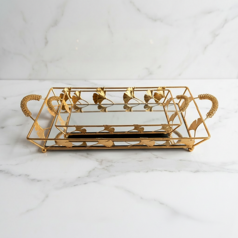 Golden Ginkgo Leaf Mirrored Vanity & Serving Tray Set (Set of 2)