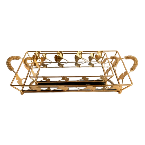 Golden Ginkgo Leaf Mirrored Vanity & Serving Tray Set (Set of 2)
